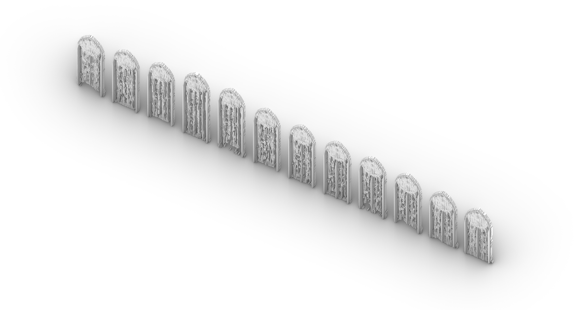 greyscale graphic with 3d models of deconstructed gothic windows